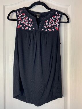 Boho Embroidered Tank Top M – Black Cotton Blend Floral Detail Sleeveless Dalia